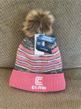 Clam Pink & Gray Striped Pom Beanie -
